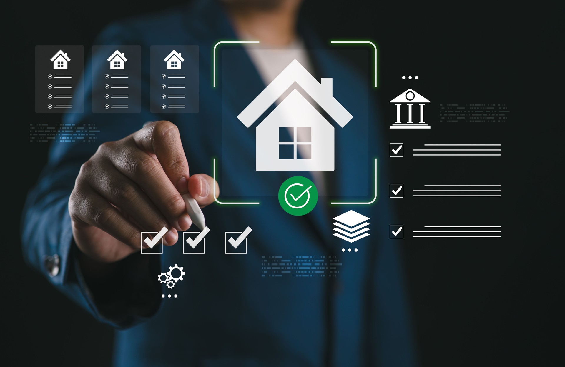 Property management and checklist evaluation concept. Businessman pointed to manage digital real estate assets, analyze housing data, property investment decision making and asset approval.